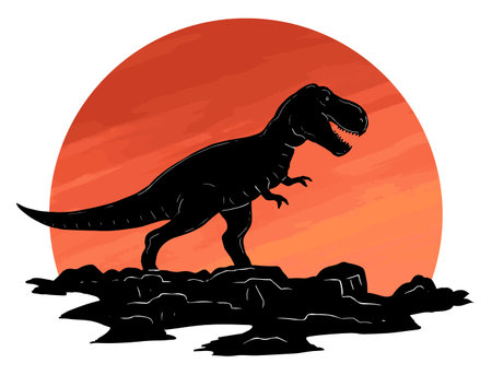 Predatory dinosaur tyrannosaurus of the Jurassic period. Carnivorous scary lizard. Big t rex. Prehistoric strong hunter. Cartoon vector illustration. Black silhouetteのイラスト素材