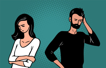 The young man and woman quarrel. Family couple. Hurt feelings and anger. Cartoon vector art illustrationのイラスト素材
