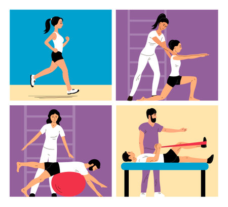Physical rehabilitation clinic. Young man and woman patient doing exercises. Physiotherapist helps. Therapy and recovery. Set images. Flat vector illustrationのイラスト素材