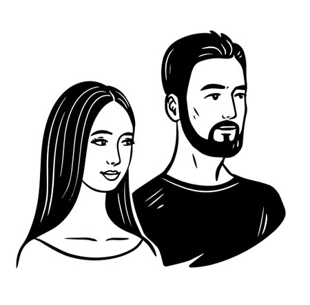 Happy man and woman. Young couple portrait. On the face of a smile. Flat vector illustration isolated on white background. Black and white sketch. Hand drawn artのイラスト素材