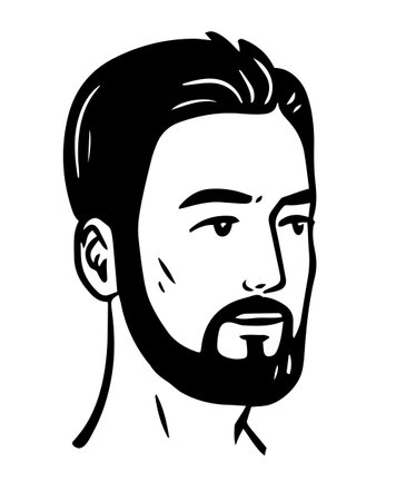 Young man portrait. Modern man with a beard. Cartoon vector illustration isolated on white background. Black and white sketch. Hand drawn artのイラスト素材