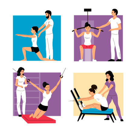 Physical rehabilitation clinic. Young woman patient doing exercises. Physiotherapist helps. Therapy and recovery. Set images. Flat vector illustrationのイラスト素材