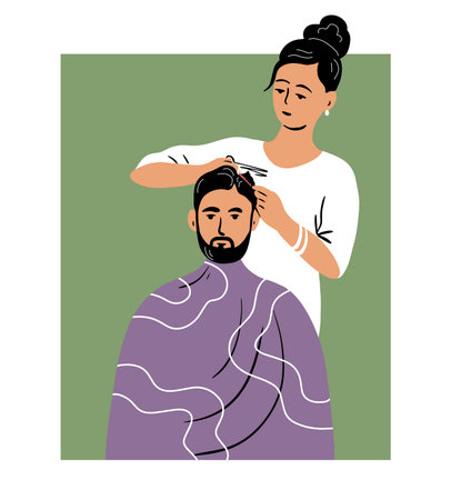 Beauty salon barbershop. A woman hairdresser gives a haircut to a male client. Flat vector illustration. A woman hairdresser gives a haircut to a male client. Flat vector illustrationのイラスト素材