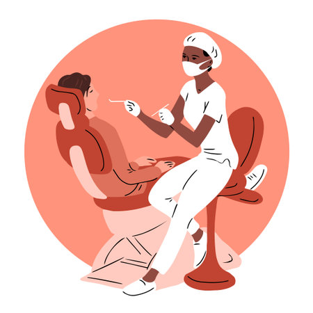 Patient and dentist. A woman doctor examines and treats teeth. Dental clinic. Flat vector illustration isolated on white backgroundのイラスト素材