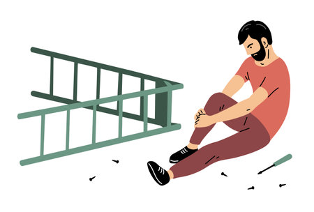 Man fell from the ladder. leg injury, bruise or fracture. Danger and carelessness at work. Vector illustration isolated on white backgroundのイラスト素材