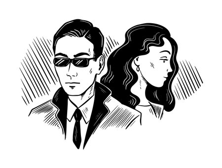 Man and woman spy agent. Detective agency. Investigation and search for evidence. Vector sketch. Black and white illustrationのイラスト素材