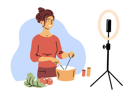 A woman blogger prepares a dish live. Broadcast from home via smartphone camera. Online cooking lessons. Vector illustration on white backgroundのイラスト素材