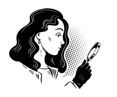 Woman detective with a magnifying glass in his hand. Investigation and search for evidence. Vector sketch illustration. Black and white sketchのイラスト素材