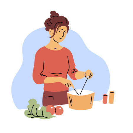 A young woman prepares a homemade dinner in the kitchen. Kitchen table. Cook dinner recipe. Cuts vegetable salad. Healthy diet food. Home life. Vector illustration isolated on white backgroundのイラスト素材