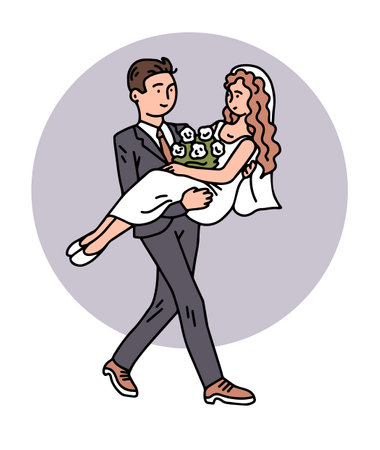 Happy bride and groom. A man carries a woman in his arms. Beautiful newlywed couple. Cartoon vector illustration outline isolated on white backgroundのイラスト素材