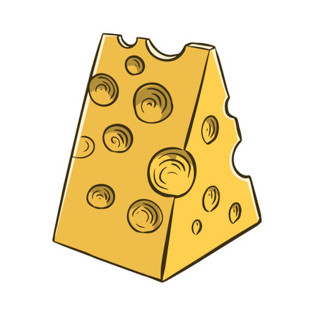 Piece of cheese with holes. Holland dairy product. Healthy natural food. Cartoon vector illustration isolated on white background. Hand drawn outlineのイラスト素材