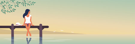 Girl on pier and resting. Summer vacation. Young woman is on holiday. Beautiful view on the sea. Design templates for banner, website, travel. Vector illustrationのイラスト素材