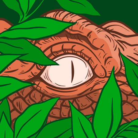 A scary dinosaur or reptile looks out from the jungle thicket. Prehistoric animal. Vector art illustration drawingのイラスト素材