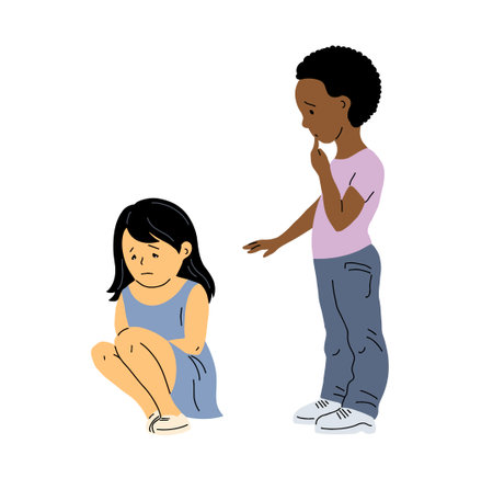 Little boy and girl. Friend asks for forgiveness. The girl is offended and crying. Children and childhood. Vector illustration isolated on white backgroundのイラスト素材