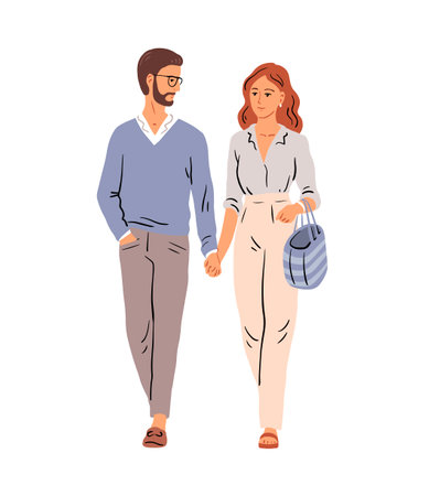 Young man and woman. Modern beautiful couple. Fashion and clothing. City lifestyle. Vector illustration isolated on white backgroundのイラスト素材