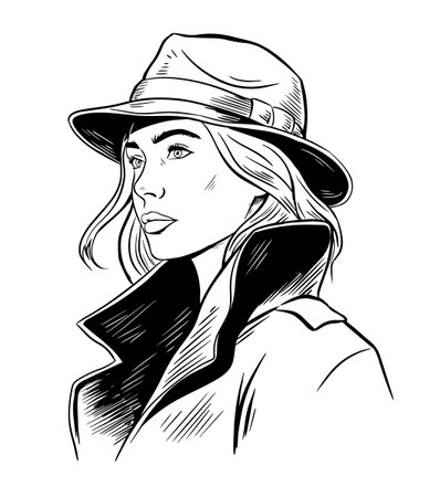 Woman detective. Portrait of a beautiful girl in a retro hat and coat. Investigation and search for evidence. Vector sketch illustration. Black and white sketchのイラスト素材