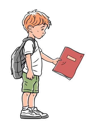 Little schoolboy boy with a backpack. School diary with bad grade. Failure at school. Tired, sad and guilty. Cartoon vector illustration isolated on white background. Hand drawn lineのイラスト素材