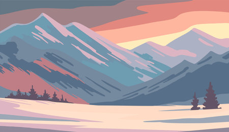 Beautiful northern cold landscape. Snow and mountains. Wild nature and travel. Art vector illustration for background. Hand drawn colorのイラスト素材