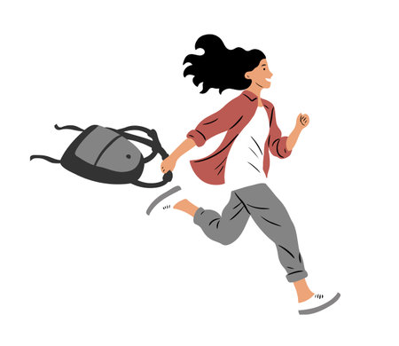 A young schoolgirl or student runs joyfully with a backpack in her hand. Happy teenage girl. School breaks and holidays. Flat vector art illustration isolated on white backgroundのイラスト素材