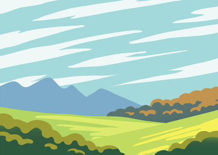 Summer landscape of nature. Panorama with green forests, hill, fields and sky with clouds. Rural scener. Cartoon vector illustration for backgroundのイラスト素材
