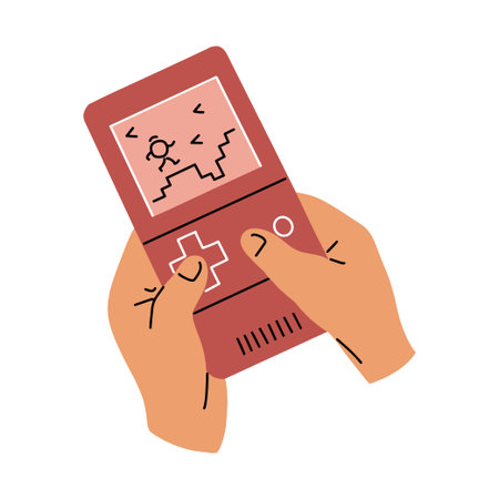 Portable retro gaming console in hands. Boy playing electronic game. Nostalgia and memory. Entertainment and leisure. Flat vector illustration isolated on white backgroundのイラスト素材