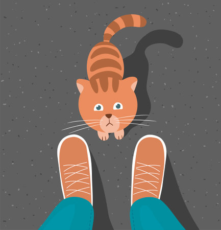 Cute striped kitten at the feet of a man. Pet asking for food. Flat vector illustrationのイラスト素材