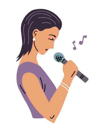 A young woman sings into a microphone. Singer and star. Voice and singing. Concept music and sound. Flat vector illustration isolated on white backgroundのイラスト素材