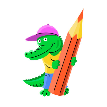 Cute cartoon crocodile with colored pencil. Emblem, sign for design and packaging. Tool for drawing, study and creativity. School tools. Flat vector illustration isolated on white backgroundのイラスト素材
