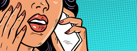 A young woman makes an urgent phone call. Concept of discounts, promotions and sales. Advertising banner. Cartoon vector colorful illustration. Pop art comic style. Hand drawn outlineのイラスト素材