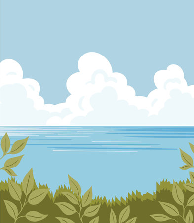 Beautiful rural southern landscape with nature and house. Farm vineyards, trees, lavender, mountains and sea. French Provence. Vector art illustrationのイラスト素材
