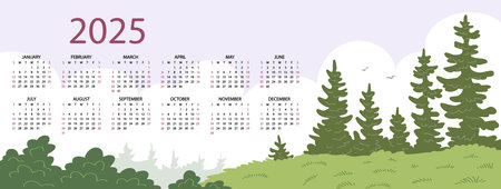 Calendar for 2025. Year, months, weeks and days with weekdays in English. Design for business management. Vector illustration nature. Green forestのイラスト素材