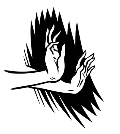 Hands of a woman in a state of fear and horror. Disgust, hostility. Emotional gesture of a person. Vector black and white art illustration. Hand drawn styleのイラスト素材