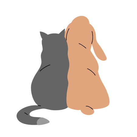 A cute dog and a cat are sitting together. Pet friendship. Animals from the back. Cartoon vector illustration isolated on white backgroundのイラスト素材