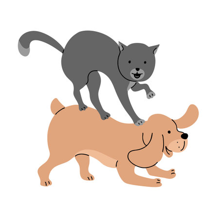 A cat and a dog are playing and fighting. Funny cute pets. Animal life. Cartoon vector illustration isolated on white backgroundのイラスト素材