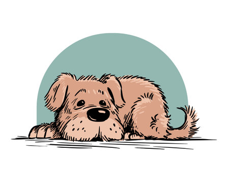 Kind old dog lying and resting. Domestic pet canine. Cartoon vector illustration isolated on white background. Hand drawn outlineのイラスト素材