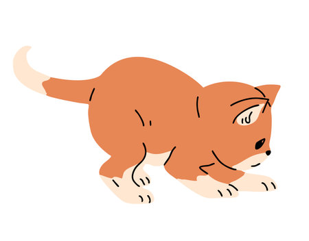 Little ginger kitten playing. Cute fluffy domestic pet. Animal cat. Cartoon vector illustration isolated on white backgroundのイラスト素材