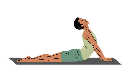 Young sporty man doing fitness. Pilates, yoga and stretching. Guy doing gymnastic exercise. Body and health care. Sports physical activity. Vector illustration isolated on whiteのイラスト素材