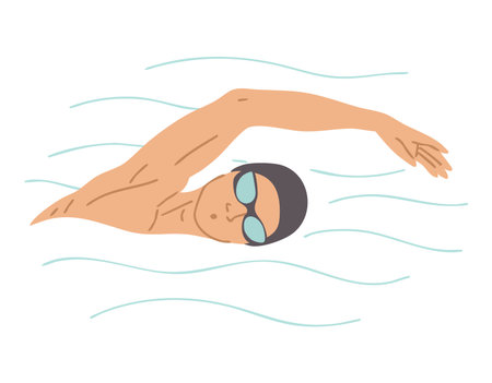 Flat style vector illustration of a male swimmer in goggles and swim cap performing front crawl stroke in water. Swimming sport, fitness training. Isolated on white backgroundのイラスト素材
