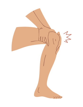 Flat vector illustration of a woman holding her bent leg due to knee pain. Full leg view with foot. Concept of sports injury, joint disease, or muscle strain. Isolated on white backgroundのイラスト素材