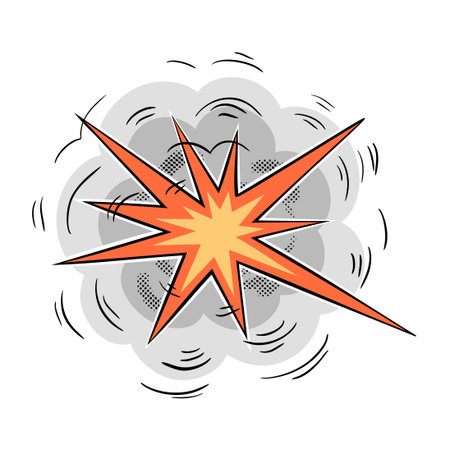 Pop art comic-style explosion with a bright blast and smoke cloud. Dynamic starburst shape with halftone texture and motion linesのイラスト素材