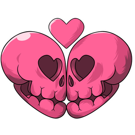 Illustration of a pair of pink skulls with hearts on a white backgroundのイラスト素材
