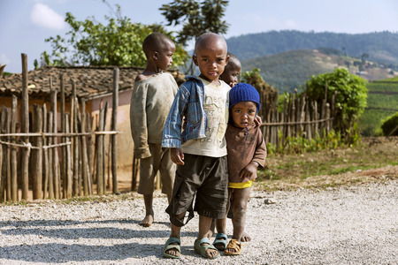 Ruhengeri, Rwanda, Africa - September 9, 2015: Sky, mountains, rainforests and tea plantations. A nice view in effect of the foggy weather. The tea plants to be grown for the Queen of England.のeditorial素材