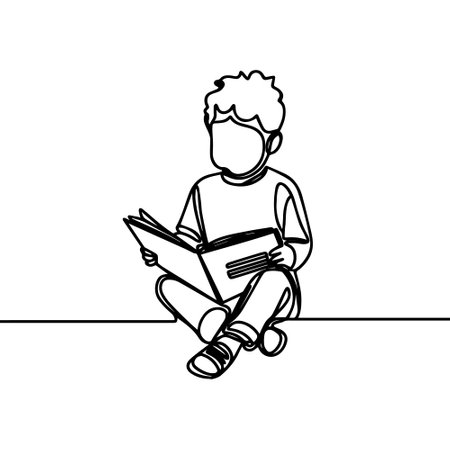 Continuous line drawing of boy reading a book. Vector illustration.のイラスト素材
