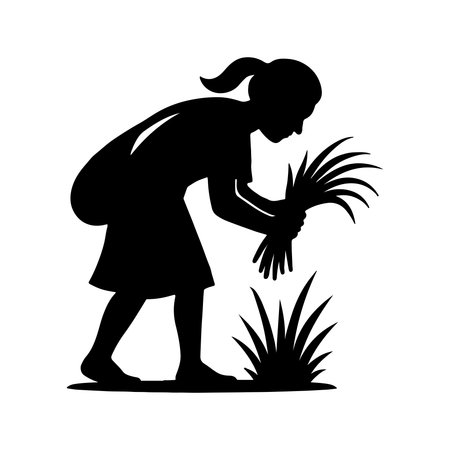 Silhouette of a girl gardener with a flower. Vector illustrationのイラスト素材