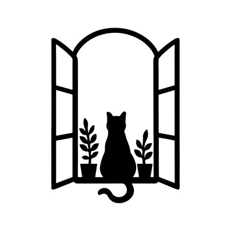 Cat in the window icon. Black cat in the window on white background. Vector illustration.のイラスト素材