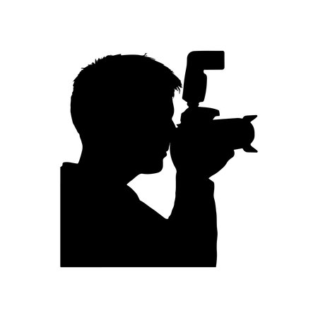Vector silhouette of a boy with a camera on a white background.のイラスト素材