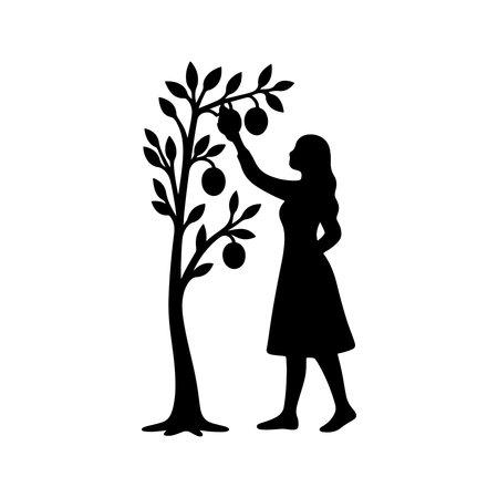 Silhouette of woman with an olive tree. Vector illustration.のイラスト素材