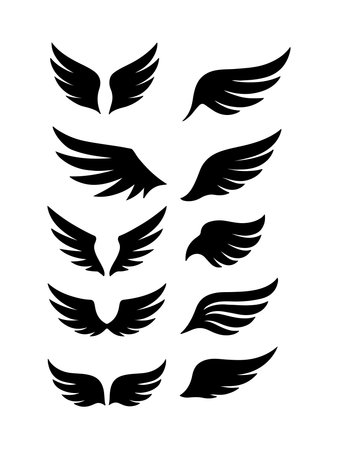 Wings icon set. Black wings on white background. Vector illustrationのイラスト素材