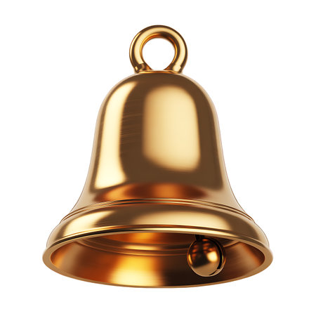 Golden Christmas bell isolated on white background. 3d render illustration.の素材