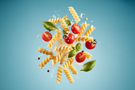 Flying pasta with tomatoes and basil on blue background. Creative food conceptの素材